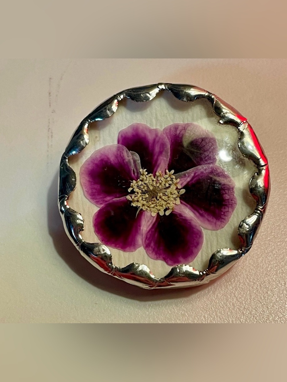 Artisan made real purple pansy in resin and hammered silver brooch/pin